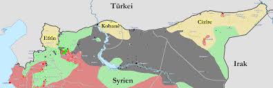 De tre kantonene som utgjør    Rojava er merket i gult